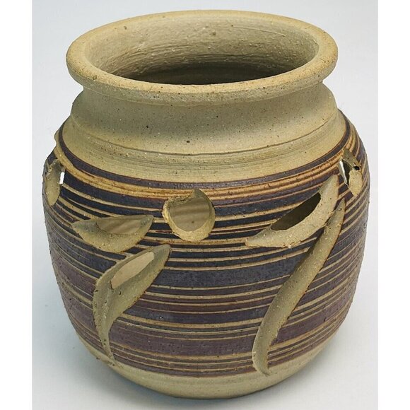 VTG Handmade 4.75" Brown Leaf Stripe Design Studio Pottery CANDLE LANTERN EUC - Picture 3 of 6
